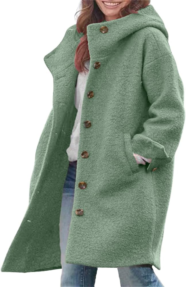 Women Winter Single Breasted Long Wool Coat with Hood Casual Wool Blend Trench Coat Jacket