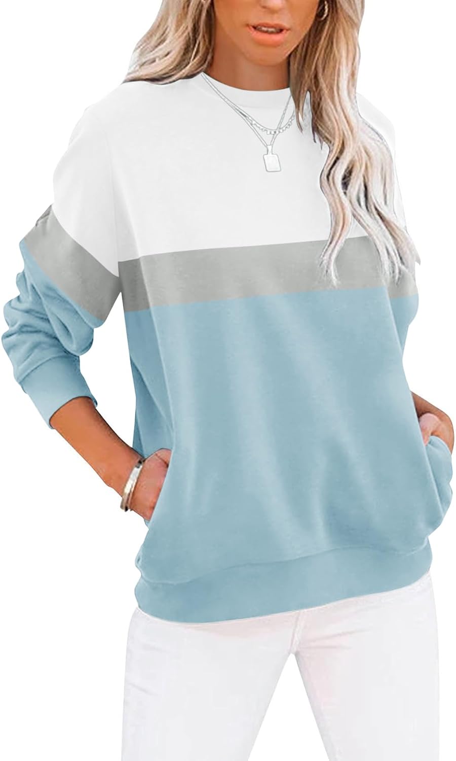 Women Casual Long Sve Color Block/Solid Tops Crewneck Sweatshirts Cute Loose Fit Pullover with Pockets