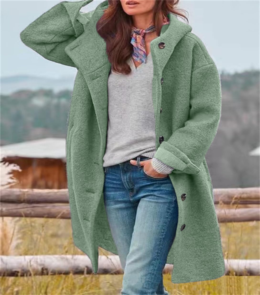 Women Winter Single Breasted Long Wool Coat with Hood Casual Wool Blend Trench Coat Jacket - Image 2