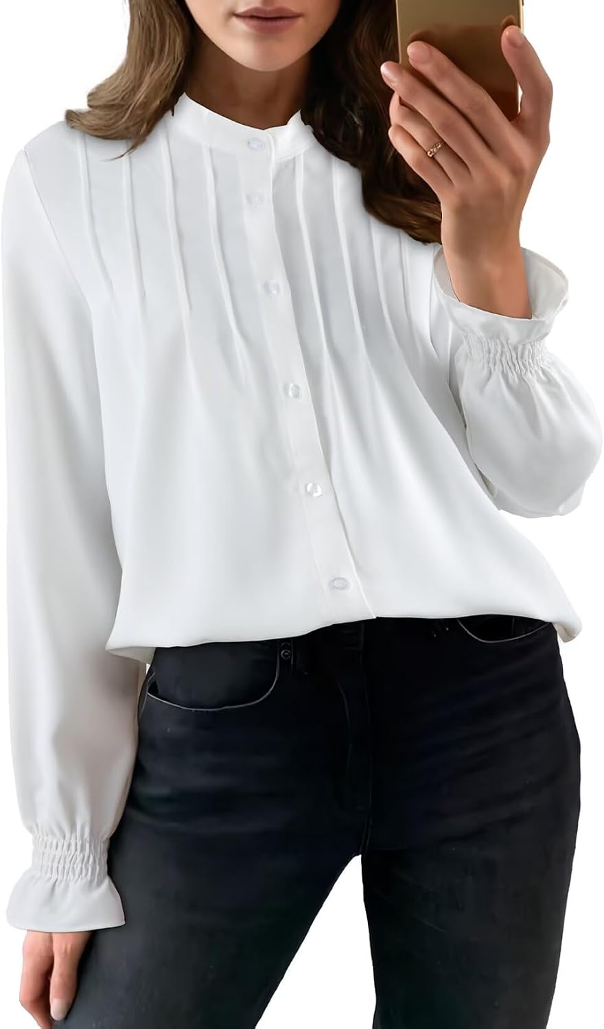 Astylish Women Casual Blouses Button-Down Business Work Tops Long Sve Mandarin Neck Pleated Shirts Fall Outfits