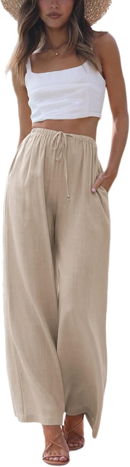 Women Cotton Linen Summer Palazzo Pants Flowy Wide Leg Beach Trousers with Pockets