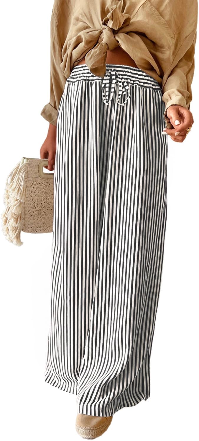 Women Casual Drawstring Elastic Waist Striped Wide Leg Pants with Pockets