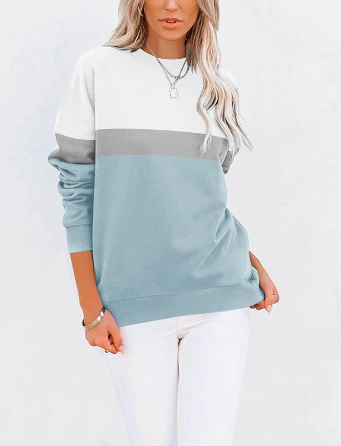 Women Casual Long Sve Color Block/Solid Tops Crewneck Sweatshirts Cute Loose Fit Pullover with Pockets - Image 2