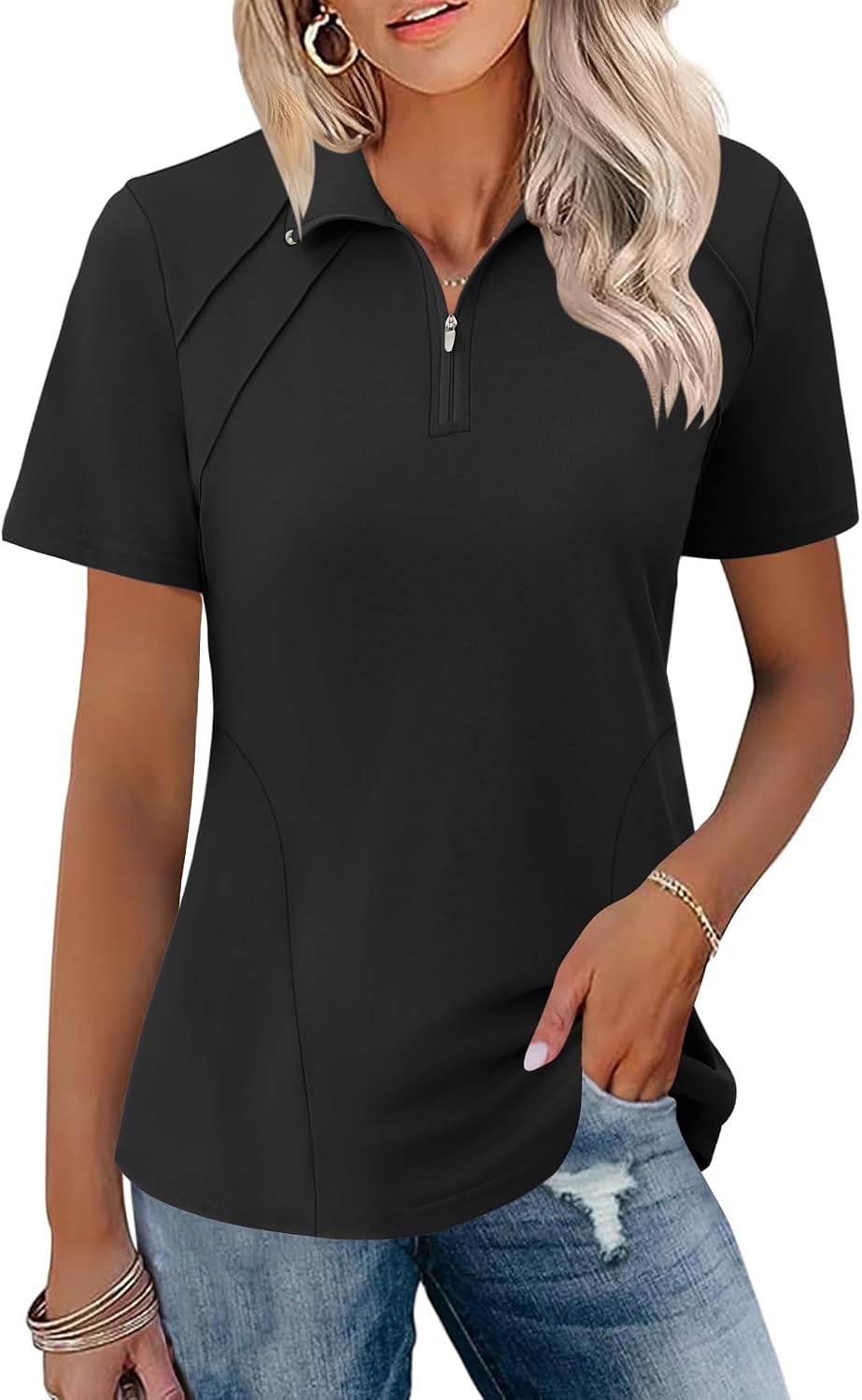 Women Golf Polo Shirts Summer Short Sleeve 1/4 Zip Tops Moisture Wicking Casual Tennis Activewear with Pockets