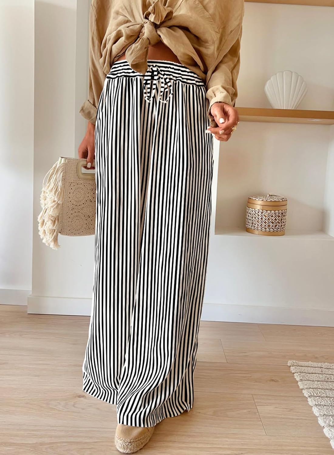 Women Casual Drawstring Elastic Waist Striped Wide Leg Pants with Pockets - Image 2