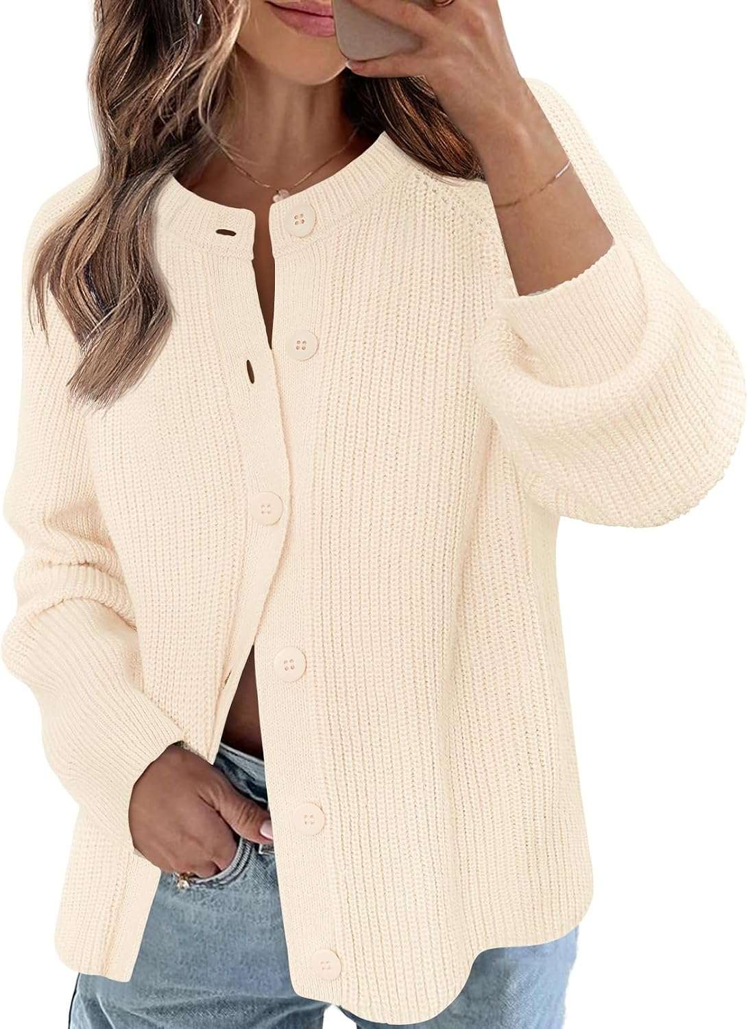 Women's Long Sleeve Cardigan Sweater Fall Crew Neck Button Open Front Chunky Knit Outfits
