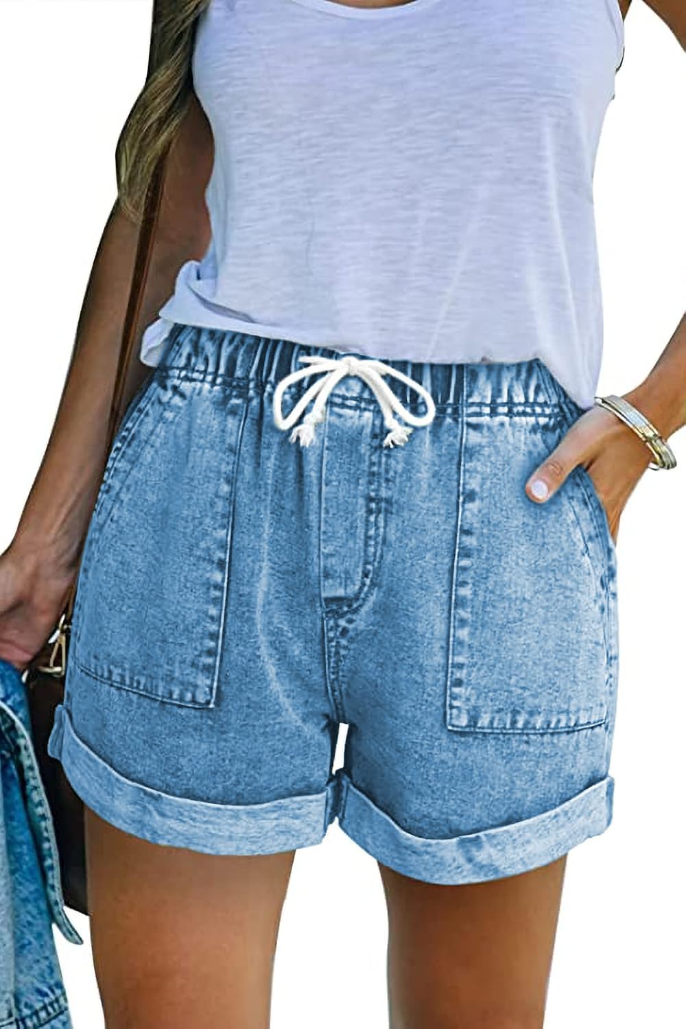 Women Jean Shorts for Denim Casual Summer Mid Waist Frayed Stretchy Ripped