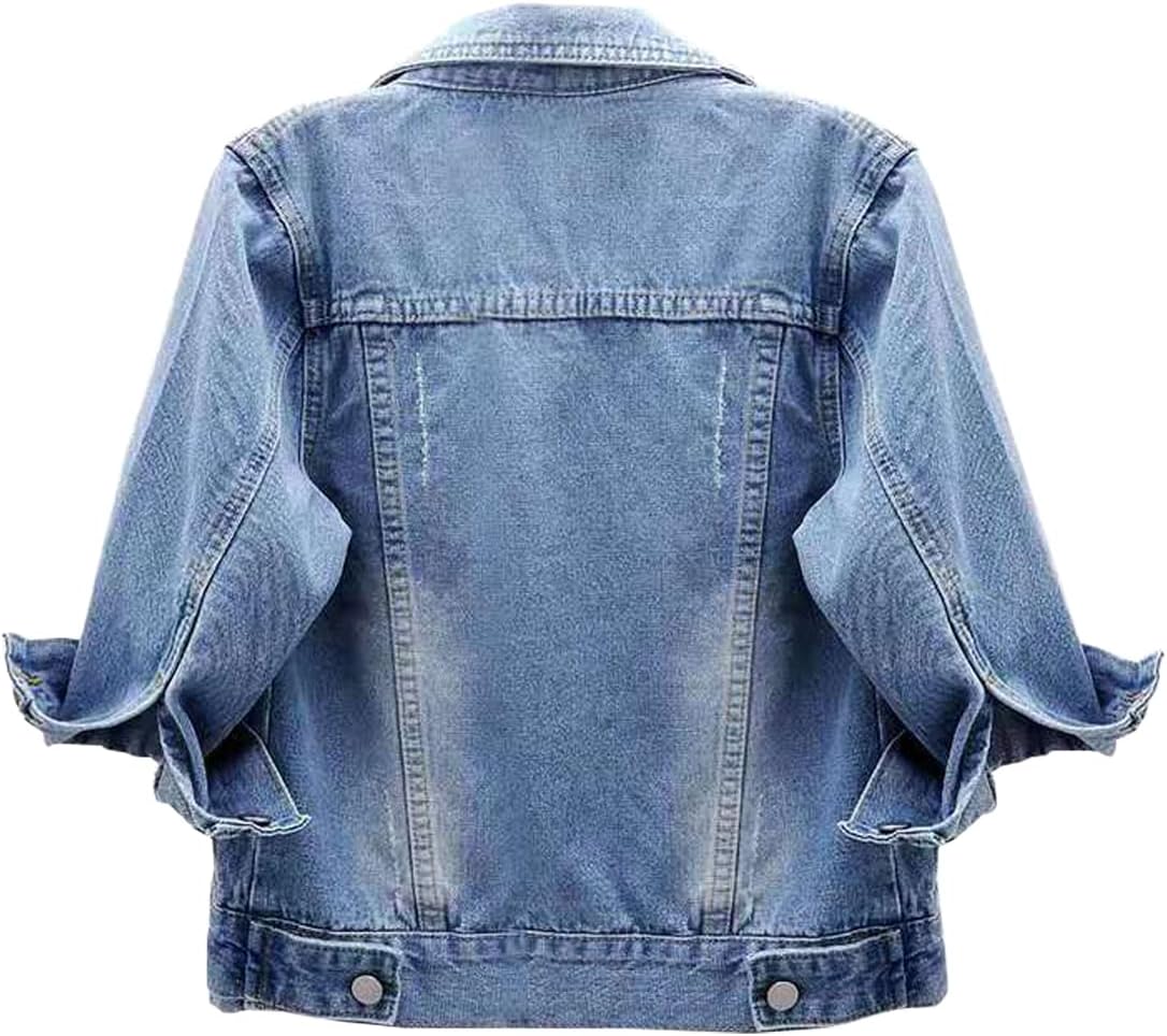 Women 3/4 Sleeve Short Denim Jacket Lapel Button Down Cropped Trucker Jean Jackets Coats - Image 2