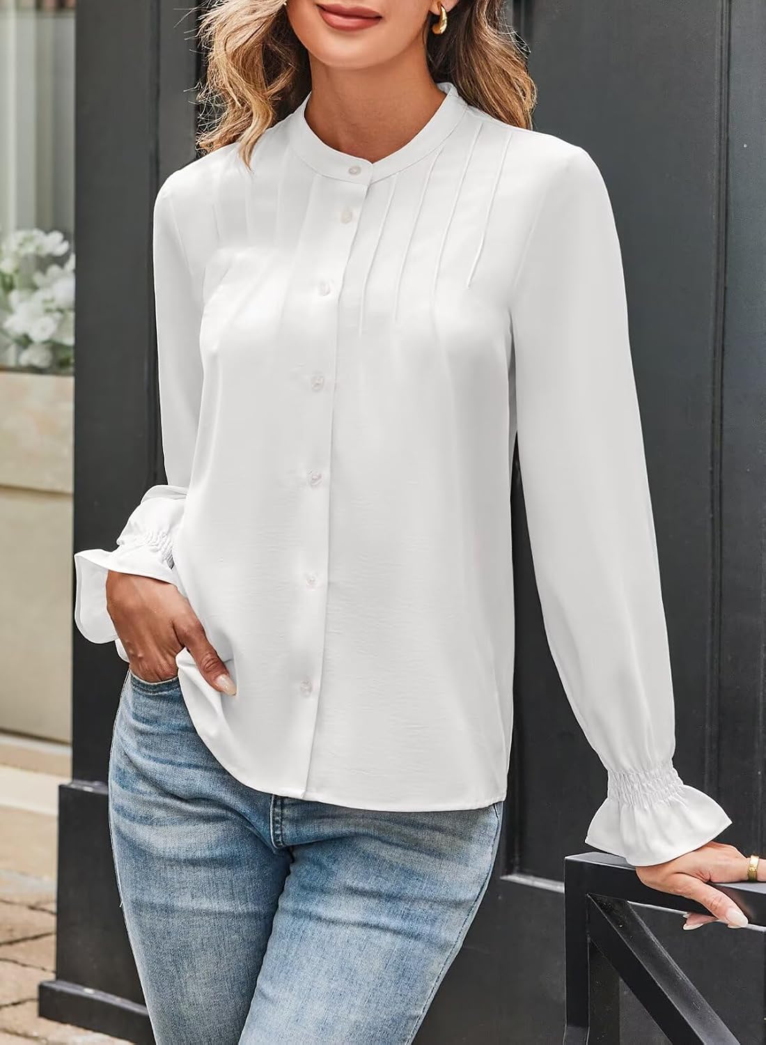 Astylish Women Casual Blouses Button-Down Business Work Tops Long Sve Mandarin Neck Pleated Shirts Fall Outfits - Image 2