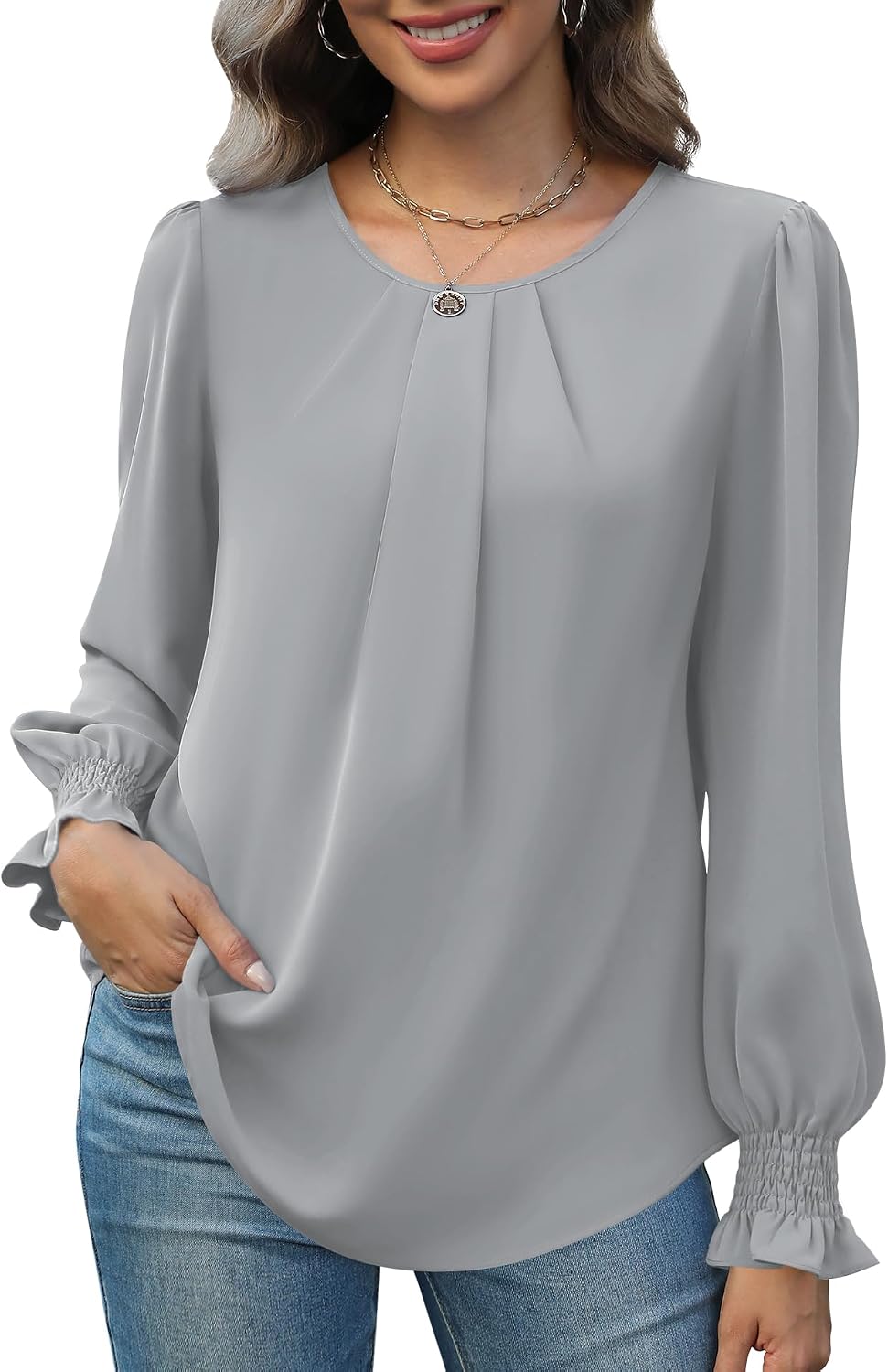 Women Tops Dressy Casual Smocked Long Sve Shirts Pleated Crew Neck Loose Chiffon Blouses Fall