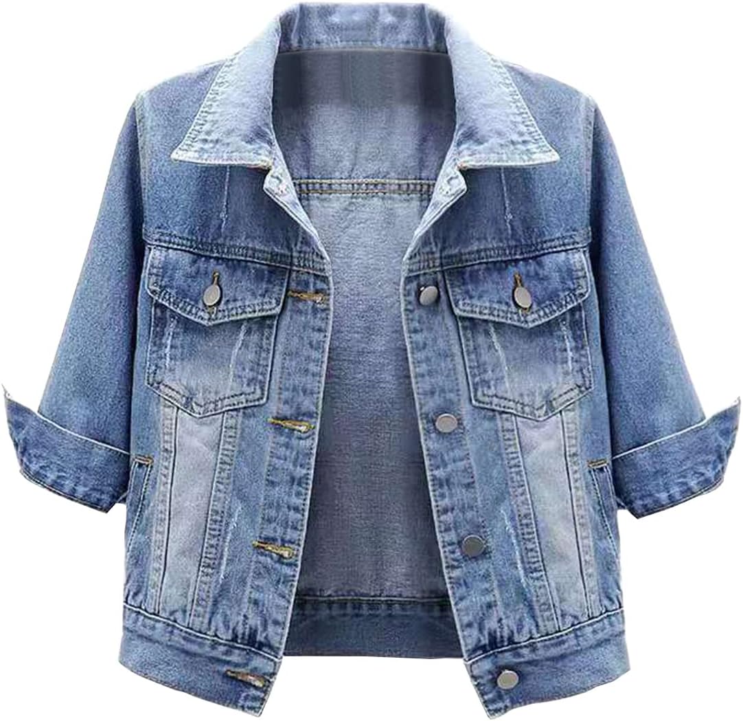 Women 3/4 Sleeve Short Denim Jacket Lapel Button Down Cropped Trucker Jean Jackets Coats
