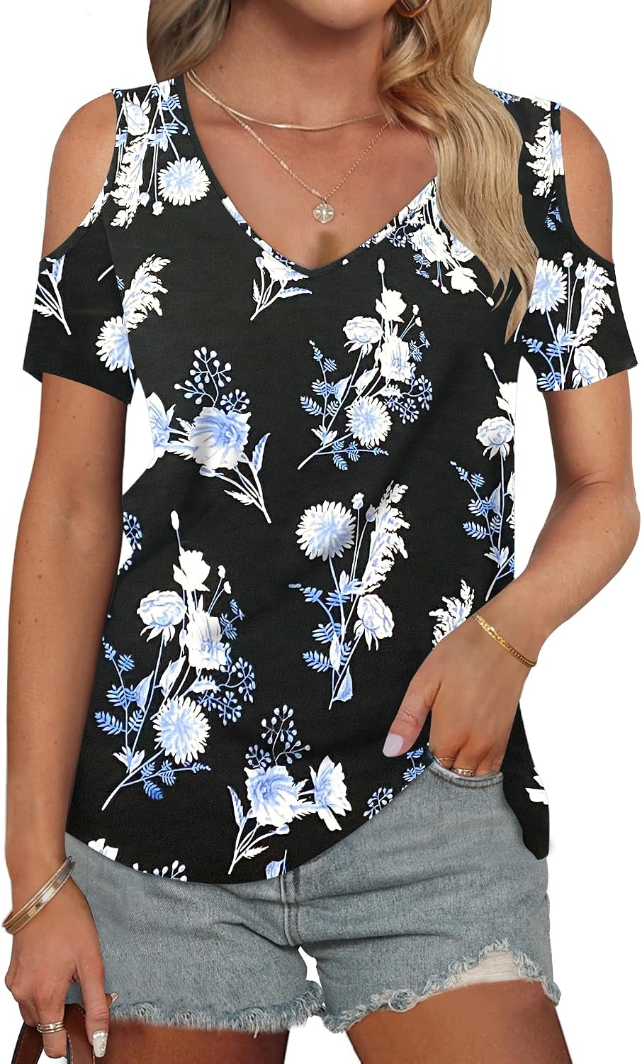 Women Summer T Shirts Casual Ladies V Neck Tops Short Sleeve Cold Shoulder Loose Fit Blouse Trendy Clothing